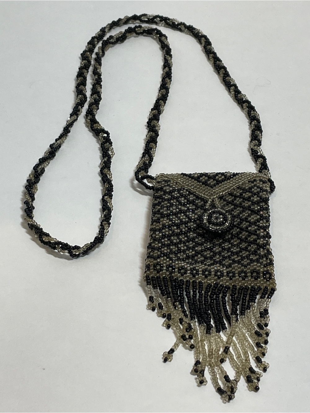 Hand Beaded Intricate Necklace Mini Pouch Bag 22”, Seed Bead Native American Bag